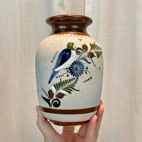 VTG Santana Tonala Art Pottery Vase 7" Tall Made in Mexico Painted Bird Floral - Picture 1 of 16